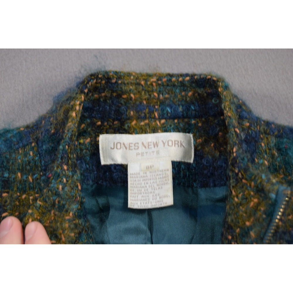 Jones New York Petite Jacket Womens 8P Wool Mohair Plaid Full Zip Fuzzy Blue - Picture 4 of 8